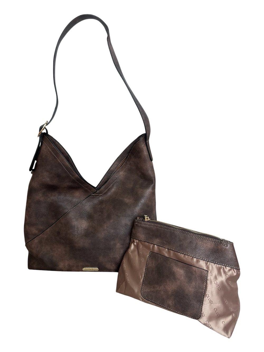 CLUCl Hobo Bag with Matching Cosmetic Pouch Vegan Leather V Design Designer Tote